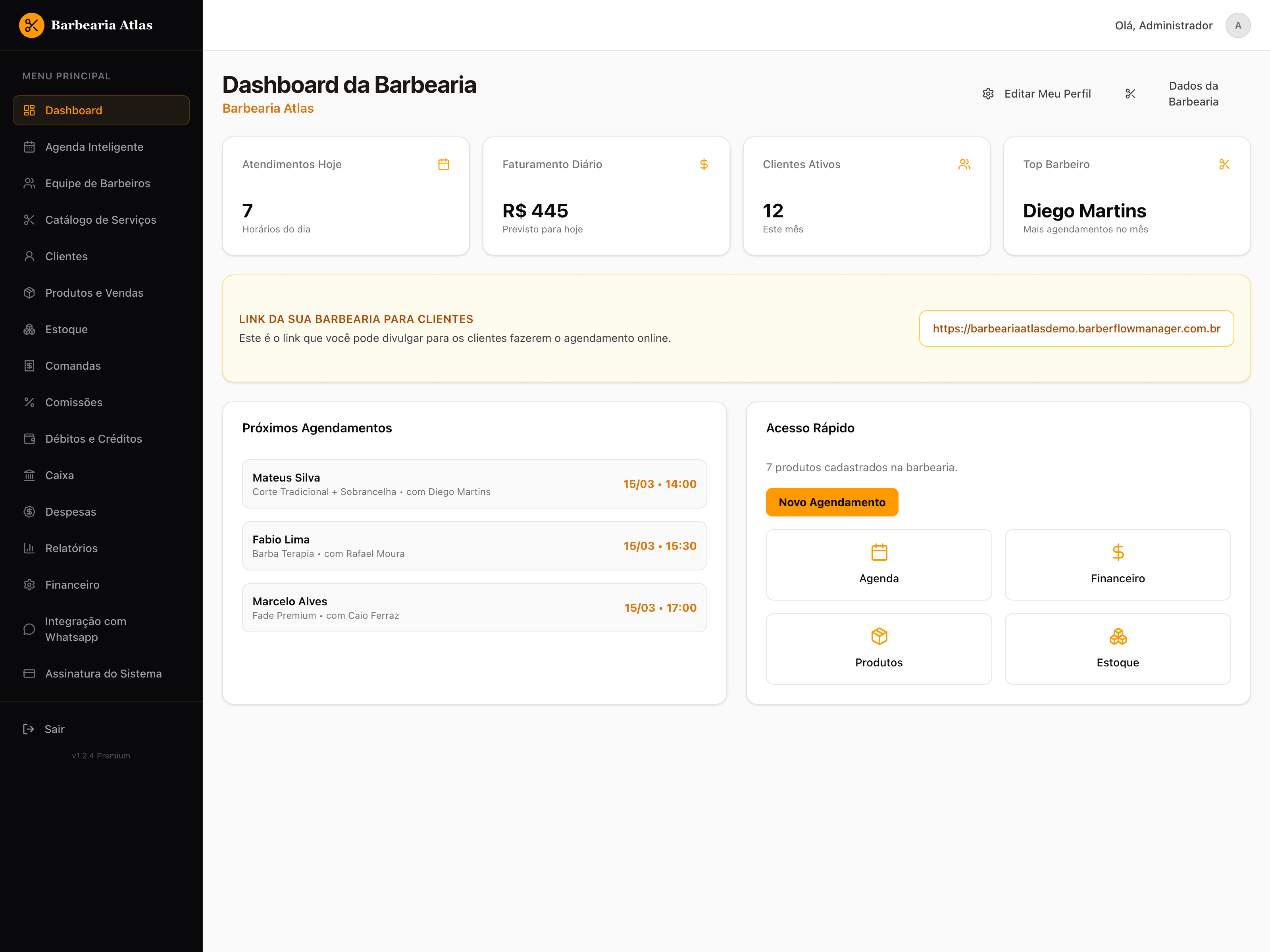 Dashboard do BarberFlow com indicadores e próximos atendimentos