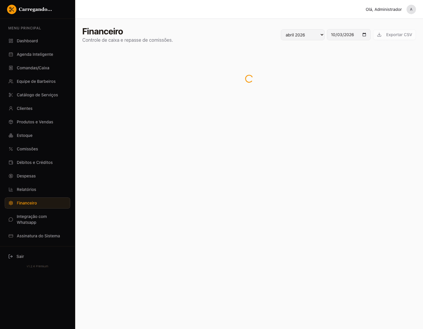 Tela financeira do BarberFlow com indicadores e movimentações