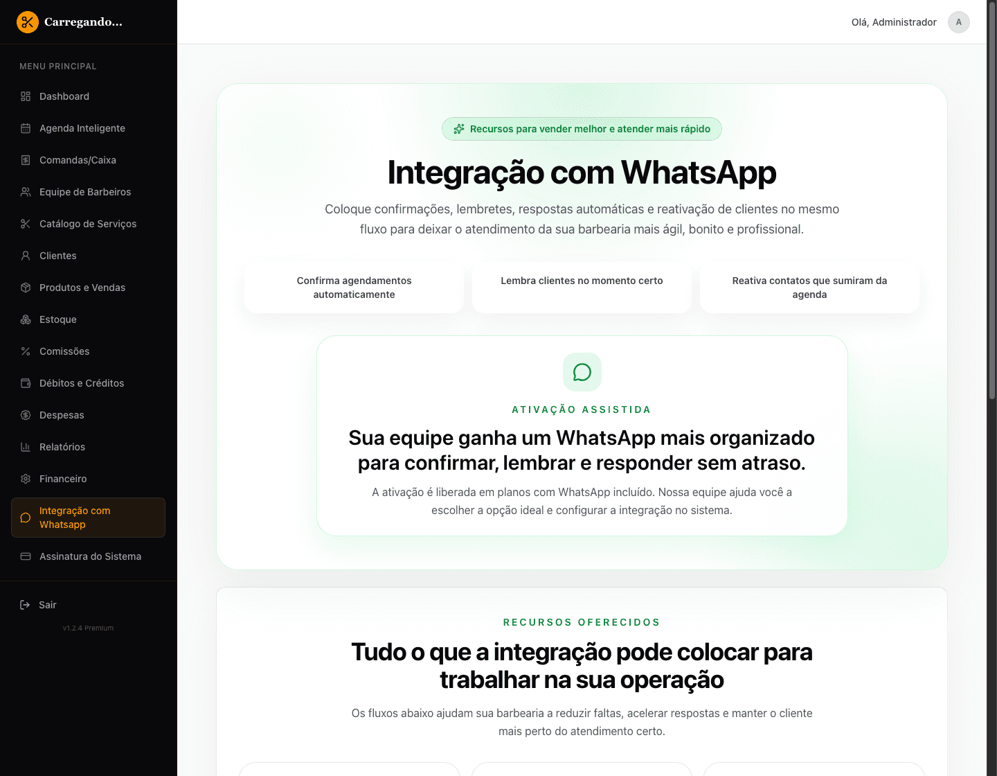 Tela do WhatsApp no BarberFlow com conversas e automações